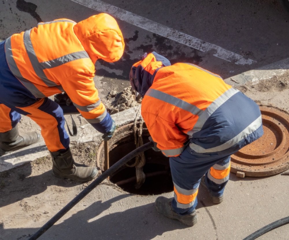 Curage d'un regard d'égout par deux techniciens